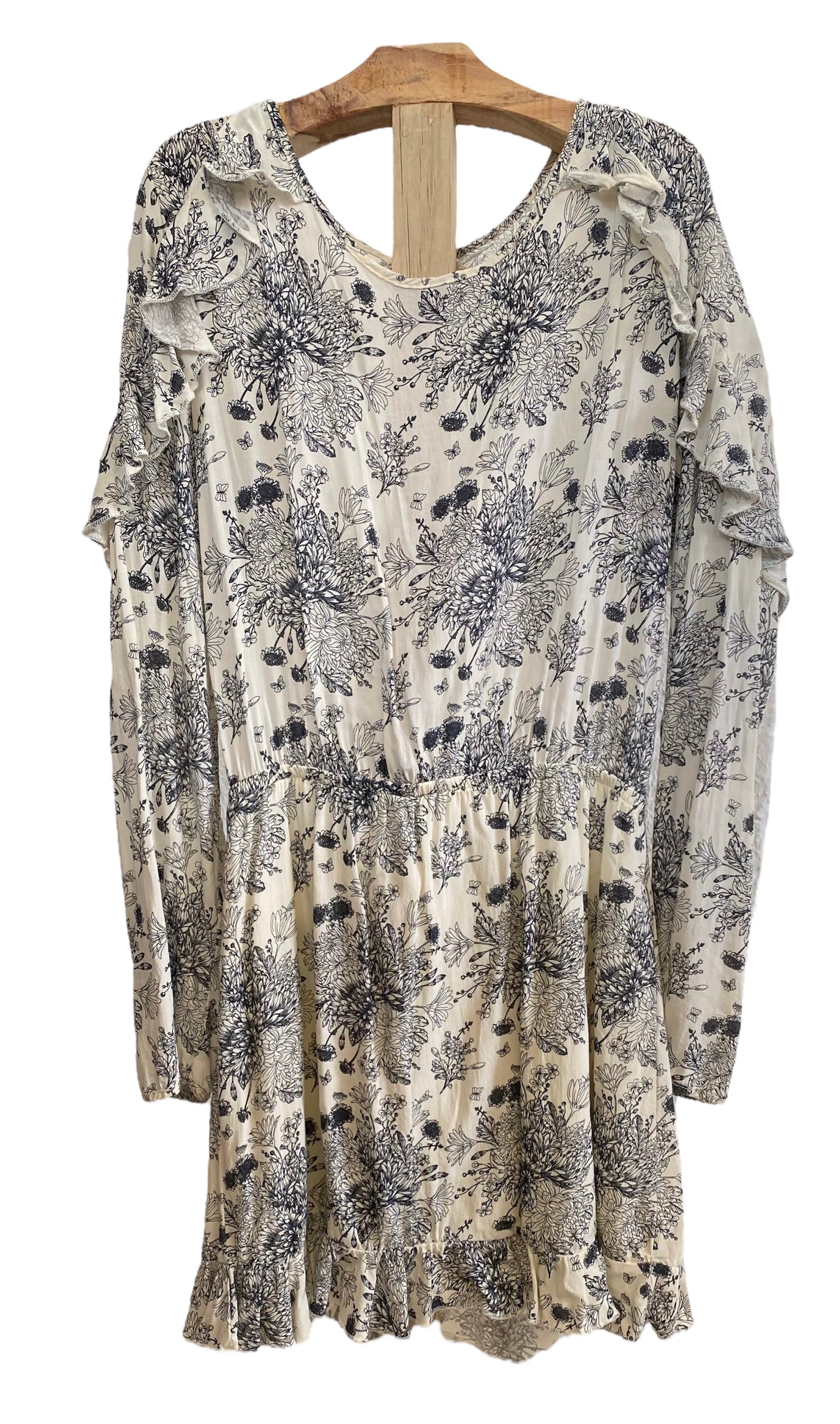 VESTIDO BLANCO y FLORES AZULES M.L CORTO